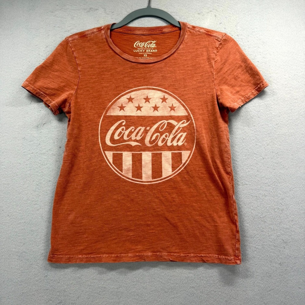 Coca-Cola Lucky Brand T-Shirt Womens XS‎ Burnt Brown Circle Logo Cotton Tee